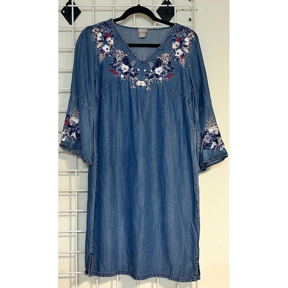 Chicos Embroidered Denim Shift Dress Blue Floral‎ Bell Sleeve Size 00 (US 2)